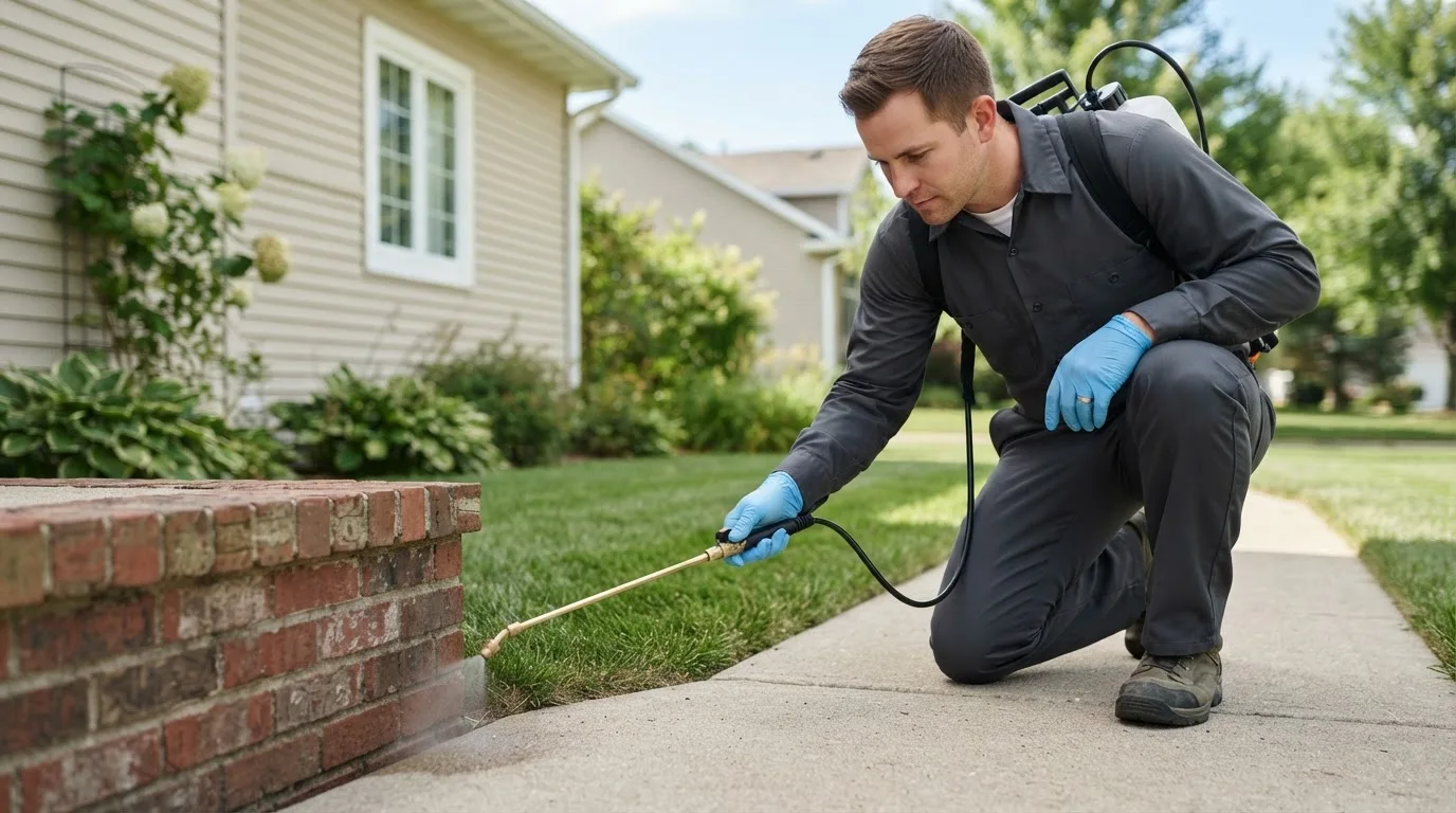 Pest control technician treating a home near Monticello, WI